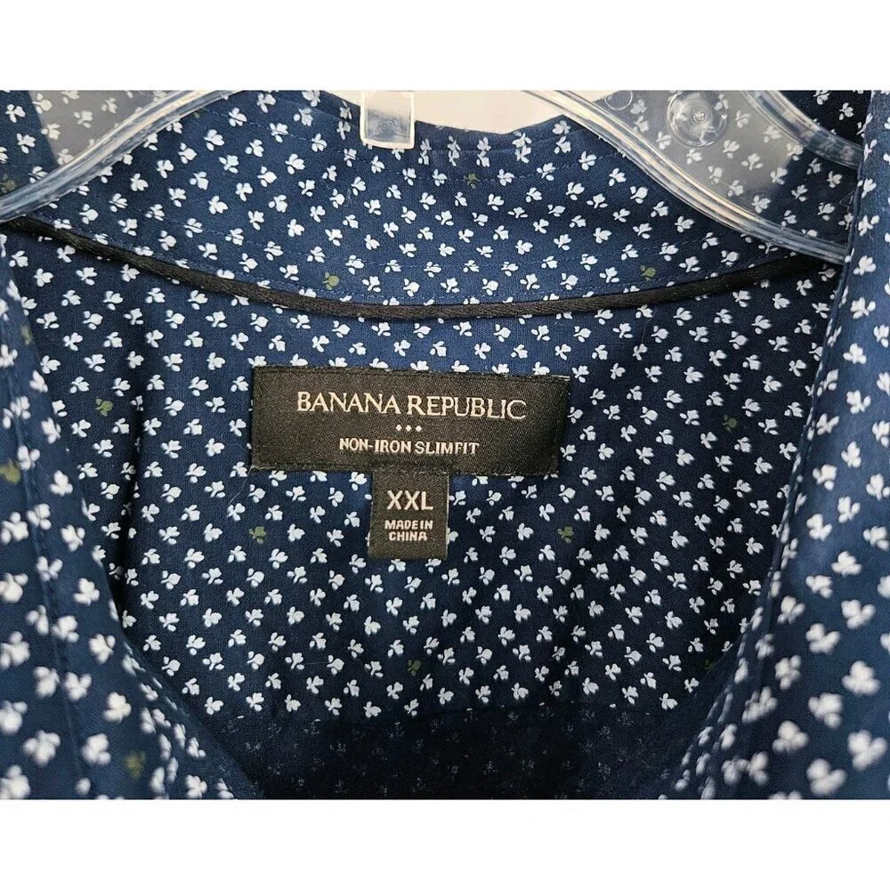 Banana Republic Mens Sz XXL Shirt Non Iron Slim Fit Navy Blue Floral Lng Sleeve